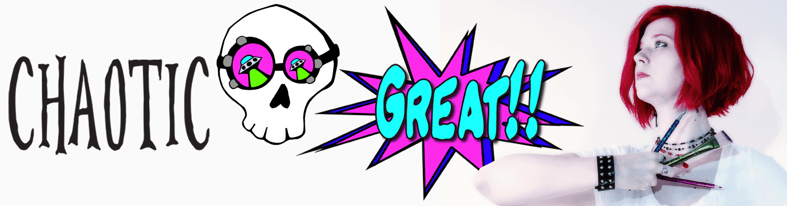 Alese, holding a pen, a paintbrush, and a colored pencil, looks dramatically to the left at the text 'Chaotic Great'